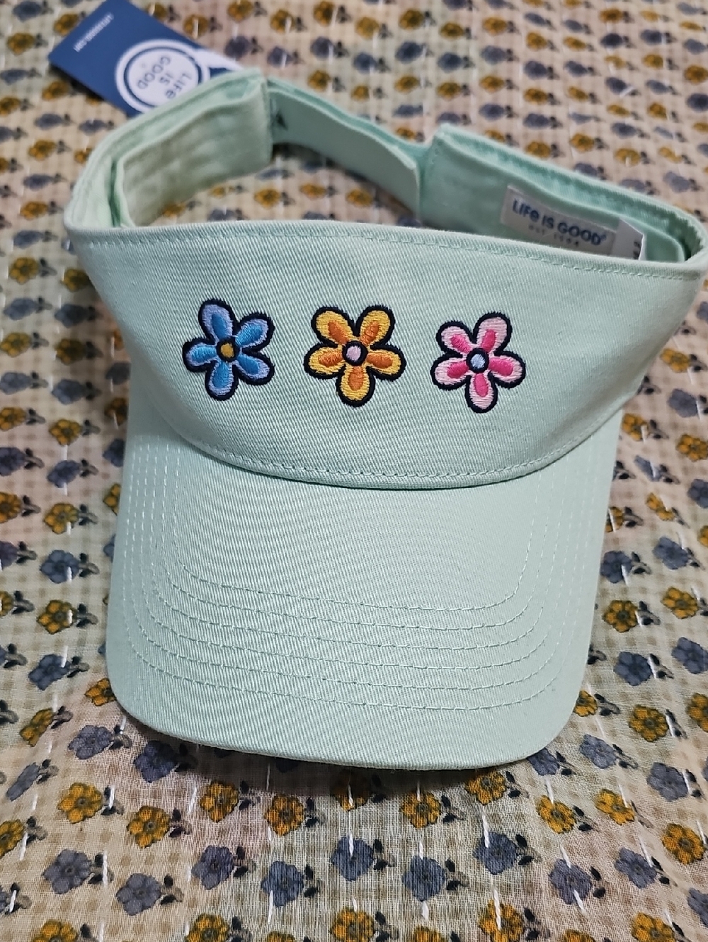 Life Is Good Mint Visor with Blue, Yellow, and Pink Flower Embroidery